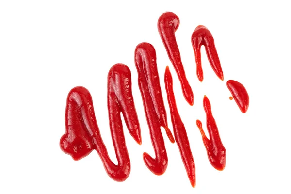 Rode Tomatensaus Ketchup Geïsoleerd Witte Achtergrond Bovenaanzicht Vlakke Plaat — Stockfoto