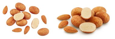 Marzipan balls or potatoes with almond isolated on white background full depth of field. Top view. Flat lay.