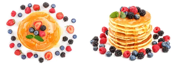 Pancakes Stack Different Berries Isolated White Background Top View Flat — Stock Photo, Image