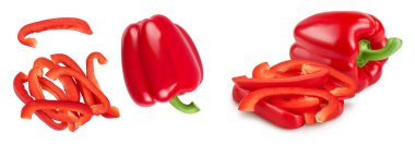 red sweet bell pepper with slices isolated on white background. Top view. Flat lay.