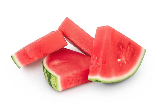Rote Kernlose Wassermelonenscheiben Isoliert Auf Weißem Hintergrund Mit Voller Schärfentiefe — Stockfoto