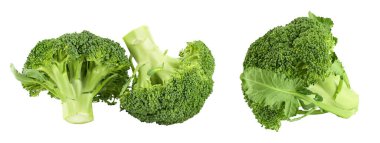 Beyaz arka planda izole edilmiş taze brokoli, geniş bir alana yayılmış.