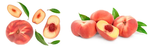 Ripe Chinese Flat Peach Fruit Half Leaf Isolated White Background — Stock Photo, Image