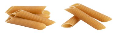 Wolegrain penne pasta from durum wheat isolated on white background with full depth of field