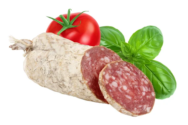 Cured Salami Sausage Isolated White Background Italian Cuisine Full Depth — Fotografia de Stock