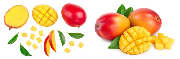 Mango Frukt Hälften Med Skivor Isolerad Vit Bakgrund Uppsättning Eller — Stockfoto