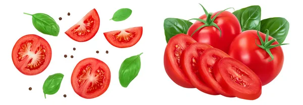 Tomato Slices Basil Peppercorns Isolated White Background Full Depth Field — Stock Photo, Image