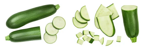 Färsk Hel Och Skivad Zucchini Isolerad Vit Bakgrund Med Full — Stockfoto
