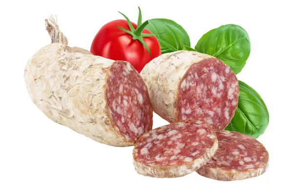Cured Salami Sausage Isolated White Background Italian Cuisine Full Depth — Stock Photo, Image