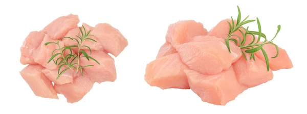 Färsk Tärnad Kyckling Filé Med Rosmarin Isolerad Vit Bakgrund Med — Stockfoto