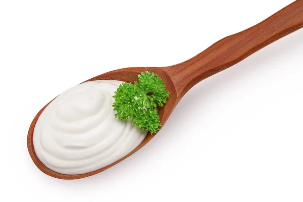 Panna Acida Yogurt Ciotola Ceramica Con Prezzemolo Isolato Fondo Bianco — Foto Stock