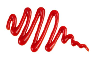 Kırmızı domates sosu ya da beyaz arka planda izole edilmiş ketçap. Üst Manzara. Düz yatıyordu.