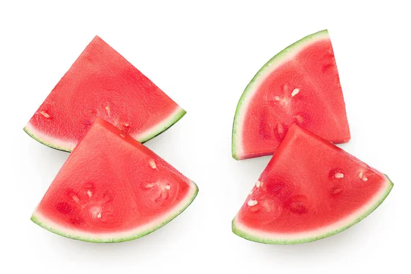 Rode Zaadloze Watermeloen Plakjes Geïsoleerd Witte Achtergrond Bovenaanzicht Vlakke Plaat — Stockfoto