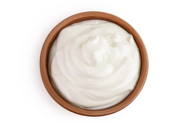 Kwaśna Śmietana Lub Jogurt Ceramicznej Misce Izolowane Białym Tle Pełną — Zdjęcie stockowe