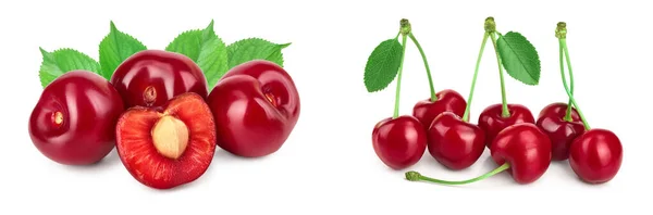 Cherry Dengan Setengah Closeup Terisolasi Pada Latar Belakang Putih — Stok Foto