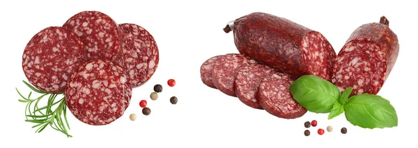 Smoked Sausage Salami Slices Isolated White Background Full Depth Field — Stock Photo, Image