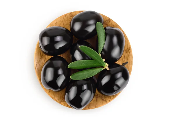 Black Olives Leaves Wooden Bowl Isolated White Background Full Depth — 스톡 사진