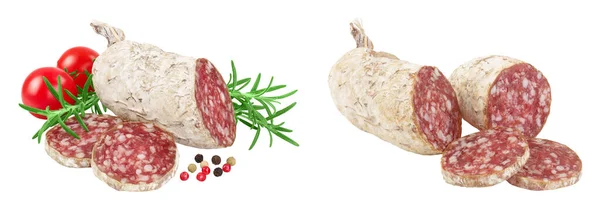 Geroosterde Salami Worstjes Geïsoleerd Witte Achtergrond Italiaanse Keuken Met Volledige — Stockfoto