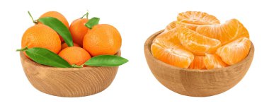 Tangerine or clementine in wooden bowl isolated on white background with full depth of field