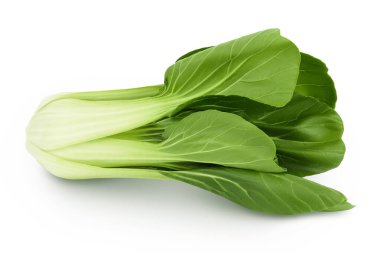 Taze pak choi lahanası beyaz arka planda izole edilmiş, geniş bir alana yayılmış..