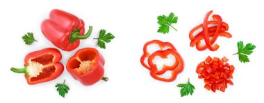 kırmızı tatlı dolmalık biber beyaz arka plan üzerinde izole. Üstten görünüm. Düz yatıyordu.