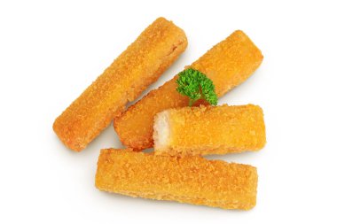 Balık kroket ya da beyaz arka planda maydanozlu sopa. Üst Manzara. Düz yatıyordu