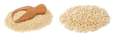 Ahşap kepçedeki beyaz kinoa tohumları beyaz arka planda tam derinlikte izole edilmiş.