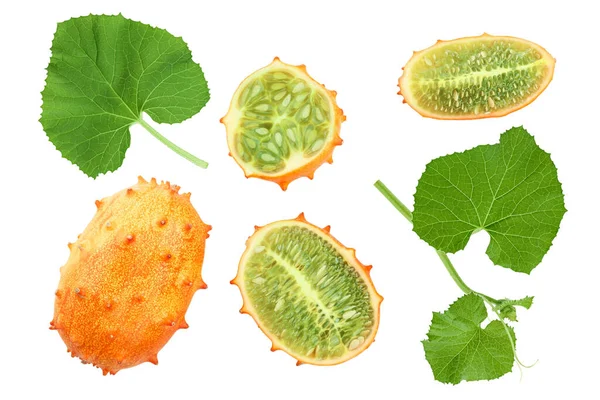 Kiwano Gehoornde Meloen Geïsoleerd Witte Achtergrond Bovenaanzicht Platte Lay — Stockfoto