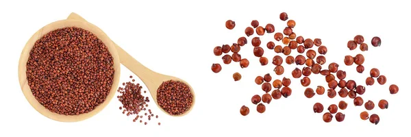 Sementes Quinoa Vermelha Tigela Madeira Colher Isolada Fundo Branco Com — Fotografia de Stock