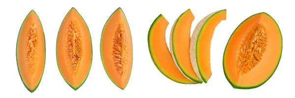 Potongan Cantaloupe Melon Terisolasi Pada Latar Belakang Putih Dengan Kedalaman — Stok Foto