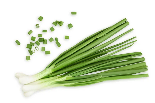 Зеленый Лук Изолирован Белом Фоне Вид Сверху Плоский Лежал — стоковое фото