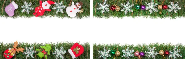 圣诞框架作出了冷杉的枝条用雪花装饰雪人和孤立的白色背景上的圣诞老人 — 图库照片