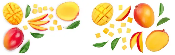 Owoce Mango Połowa Plastrami Białym Tle Białym Tle Miejsca Kopiowania — Zdjęcie stockowe