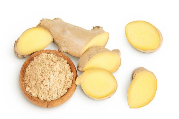 fresh ginger and ground ginger in wooden bowl spice isolated on white background. Top view. Flat lay.