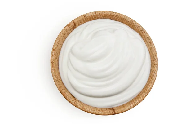 Sour Cream Yogurt Wooden Bowl Isolated White Background Full Depth Stock Picture