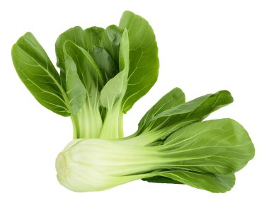 Taze pak choi lahanası beyaz arka planda izole edilmiş, geniş bir alana yayılmış..