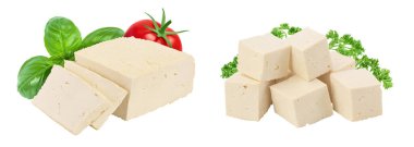 Tofu peyniri beyaz zemin üzerinde tam derinlikte izole edilmiş.