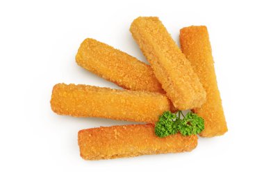 Balık kroket ya da beyaz arka planda maydanozlu sopa. Üst Manzara. Düz yatıyordu