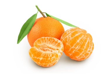 Tangerine or clementine with green leaf isolated on white background with full depth of field