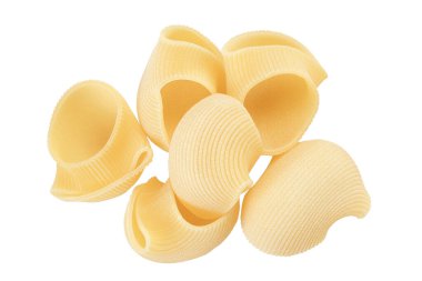 Lumaconi makarnası kırpma yolu ve tam derinlikte beyaz zemin üzerinde izole edilmiş. Üst Manzara. Düz yatıyordu.