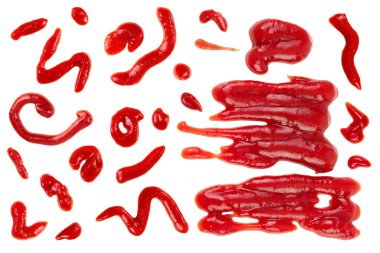 Kırmızı domates sosu ya da beyaz arka planda izole edilmiş ketçap. Üst Manzara. Düz yatıyordu.