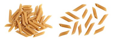 Wolegrain penne pasta from durum wheat isolated on white background with full depth of field. Top view. Flat lay