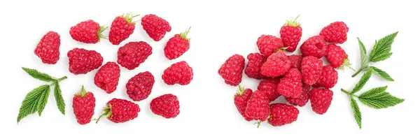 Raspberries Leaves Isolated White Background Top View Flat Lay Stock Picture