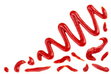 Kırmızı domates sosu ya da beyaz arka planda izole edilmiş ketçap. Metnin için kopyalama alanı olan üst görünüm. Düz yatıyordu.