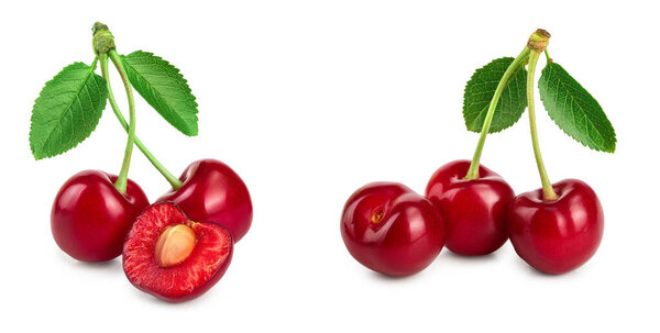 Some cherries with leaf closeup isolated on white background.