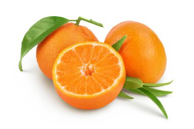 Tangerine or clementine with green leaf isolated on white background with full depth of field