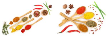 tahta kaşık ile kopya alanı metniniz için beyaz bir arka plan üzerinde izole baharat karışımı. Üstten görünüm. Düz yatıyordu. Küme veya koleksiyonu.