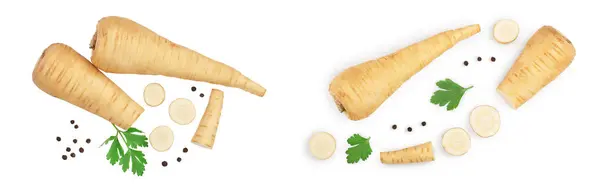 Parsnip Root Slices Parsley Peppercorns Isolated White Background Top View Royalty Free Stock Images