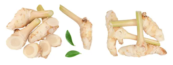 stock image Fresh galangal root with slices isolated on white background with full depth of field. Top view. Flat lay.