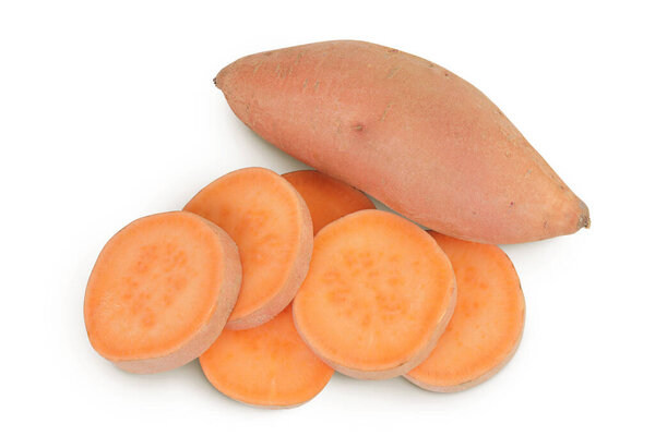 Sweet potato with slices isolated on white background. Top view. Flat lay.